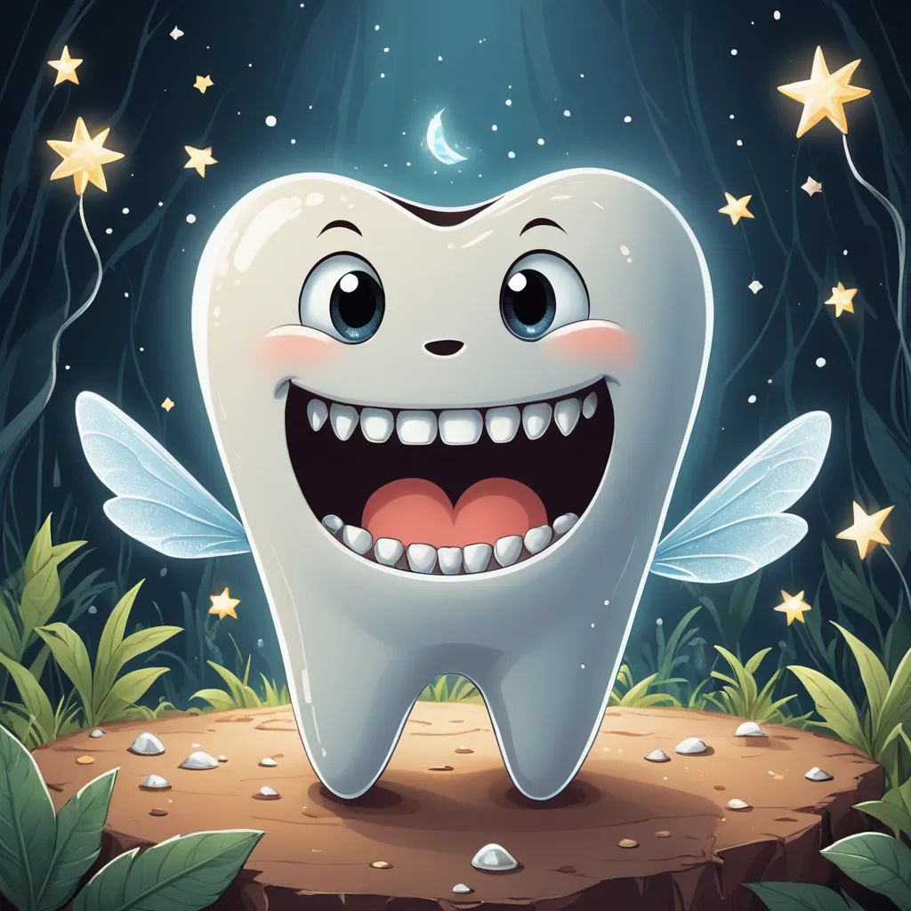 a tooth with a toothbrush in it and a fairy background with stars and leaves around it, with a smiling tooth with a toothbrush in the middle, pop surrealism, a storybook illustration, Claire Dalby, storybook illustration