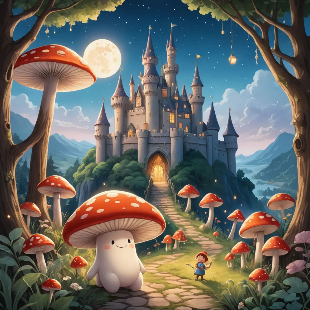 a cartoon fairy castle with a mushroom pathway and a little girl in front of it with a mushroom in front of it, fantasy art, a storybook illustration, Chris LaBrooy, storybook illustration