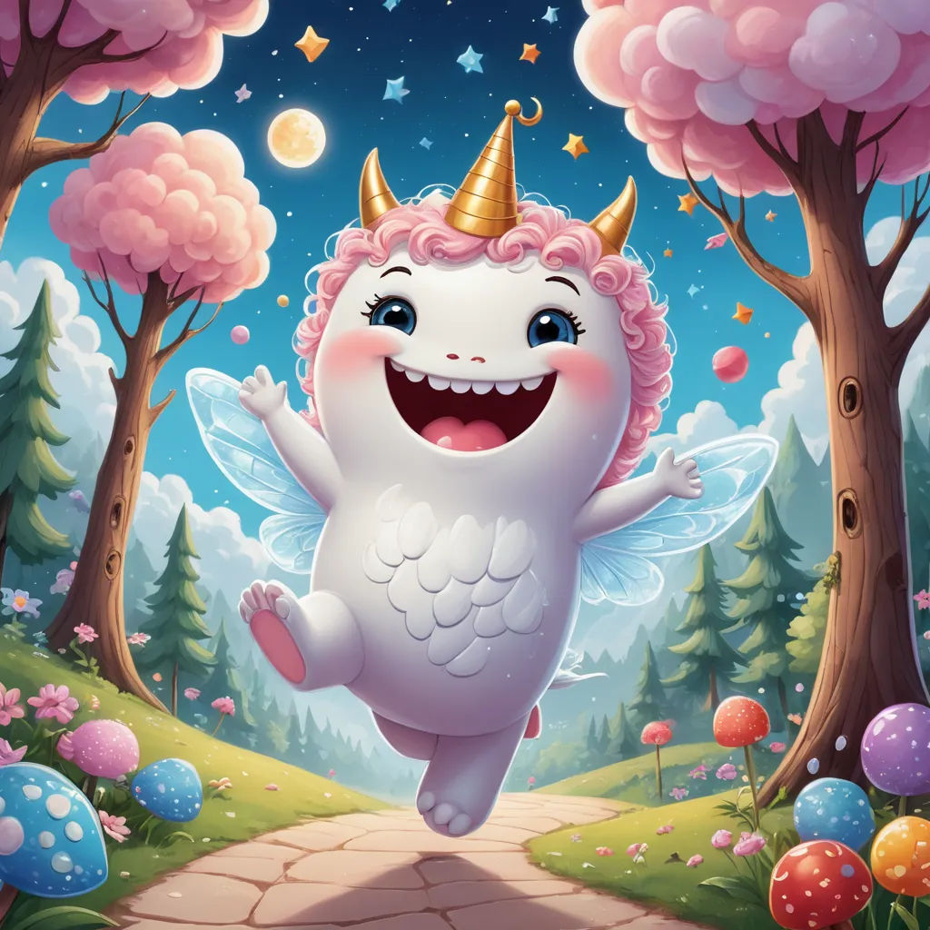 a cartoon unicorn with a golden horn running through a forest with balloons and trees in the background, with a path leading to the forest with a trail, pop surrealism, a storybook illustration, Chris LaBrooy, fantasy illustration
