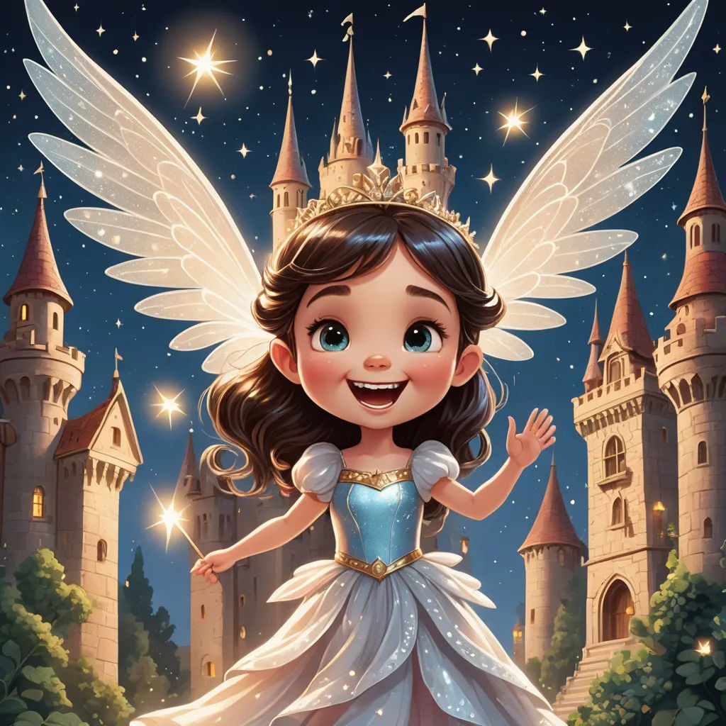 a cartoon fairy with a castle in the background and a fairy standing in front of it with her arms out, fantasy art, a storybook illustration, Cliff Childs, kinkade