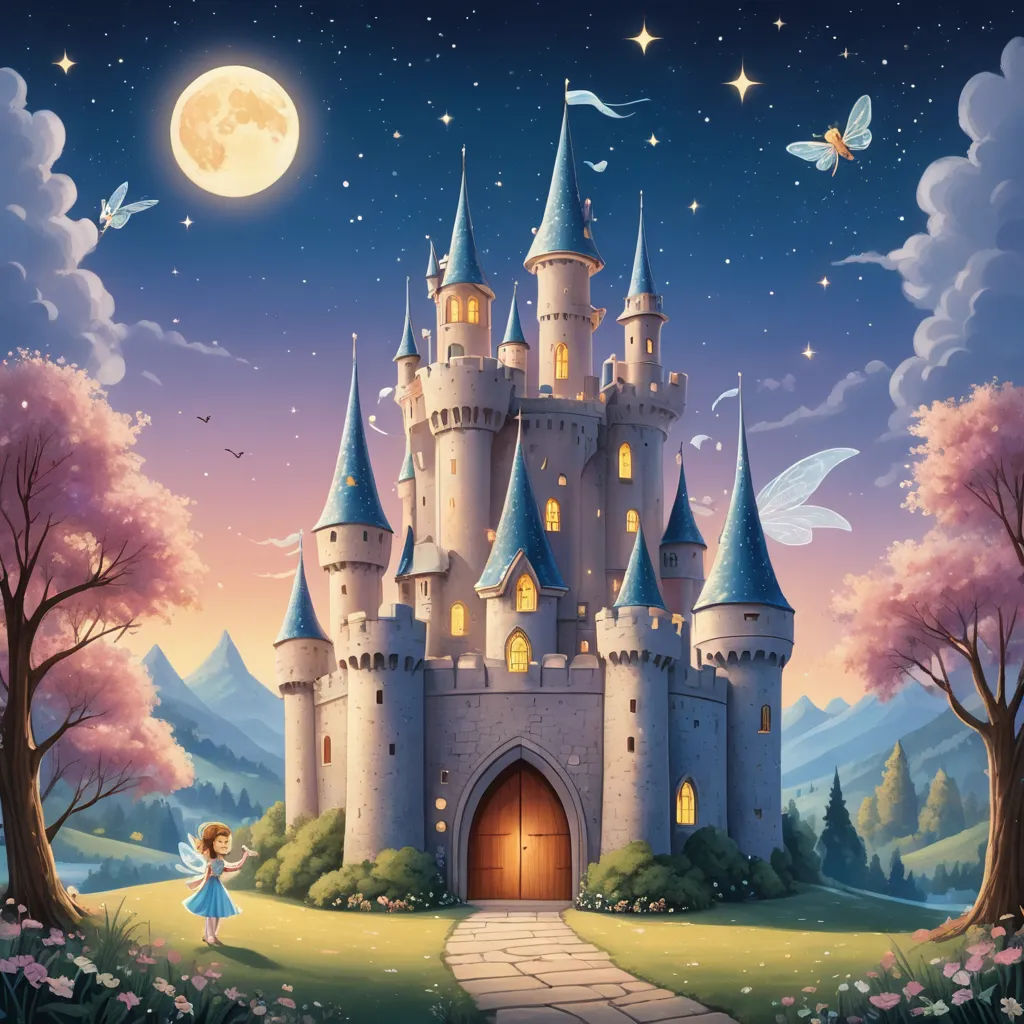 a fairy castle with a fairy standing in front of it at night with a full moon in the sky, fantasy art, a detailed matte painting, disney, fantasy magic