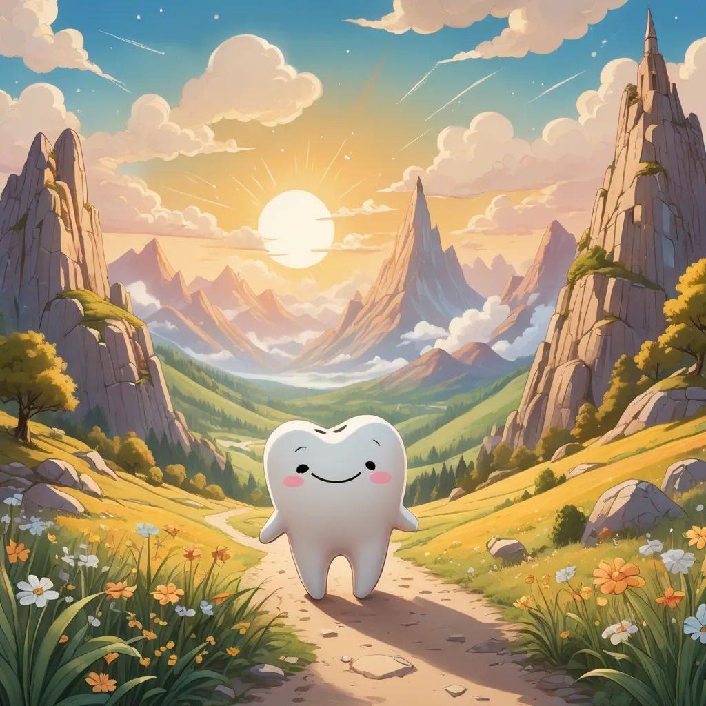 a cartoon tooth with a smile on a path in a mountain landscape with flowers and grass and a sun, pop surrealism, a storybook illustration, Chris LaBrooy, promotional image