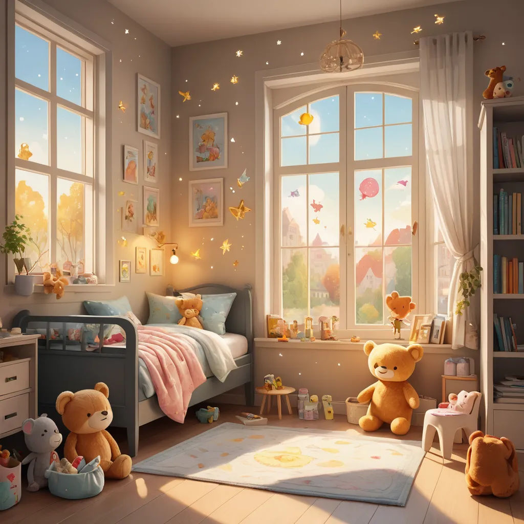 a child's bedroom with a teddy bear and a teddy bear bed in it's corner and a teddy bear sitting on the floor, photorealism, a storybook illustration, Chris LaBrooy, rossdraws global illumination