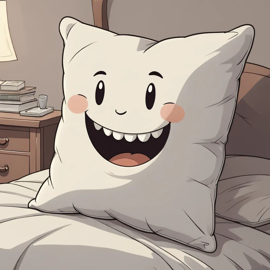 a pillow with a smiling face on a bed with a nightstand and a lamp on it in a bedroom, sots art, a character portrait, Dan Content, character portrait