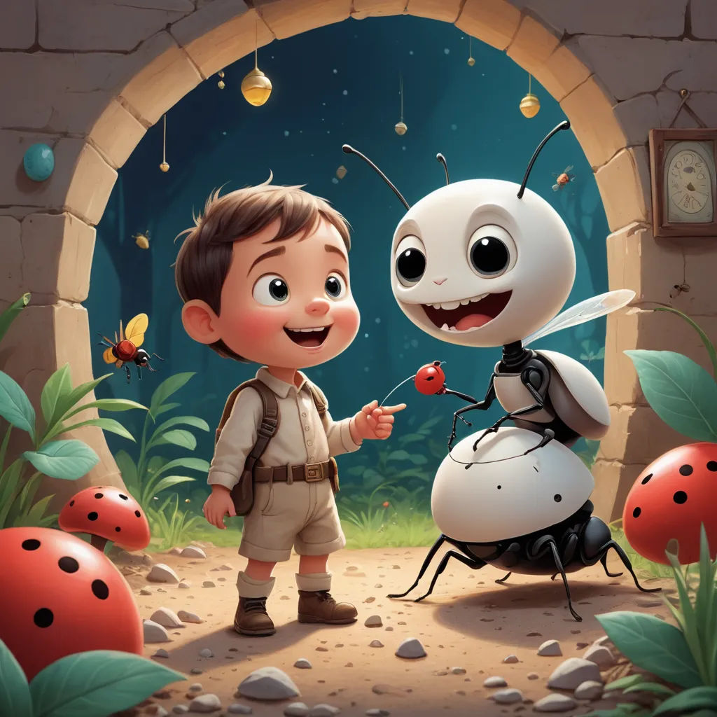 a little boy pointing at a bug in front of a doorway with a lady bug on it's back, fantasy art, a storybook illustration, Alejandro Burdisio, rossdraws global illumination