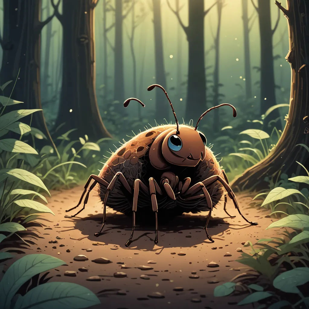 a bug crawling in the middle of a forest with a light shining on it's back end and eyes, sots art, a storybook illustration, Chris LaBrooy, storybook illustration