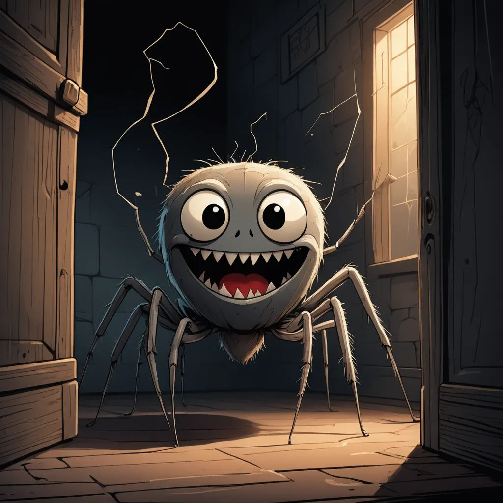 a creepy spider with a big smile on its face in a dark room with a door open and a light coming from behind it, sots art, a storybook illustration, Chris LaBrooy, 2 d game art