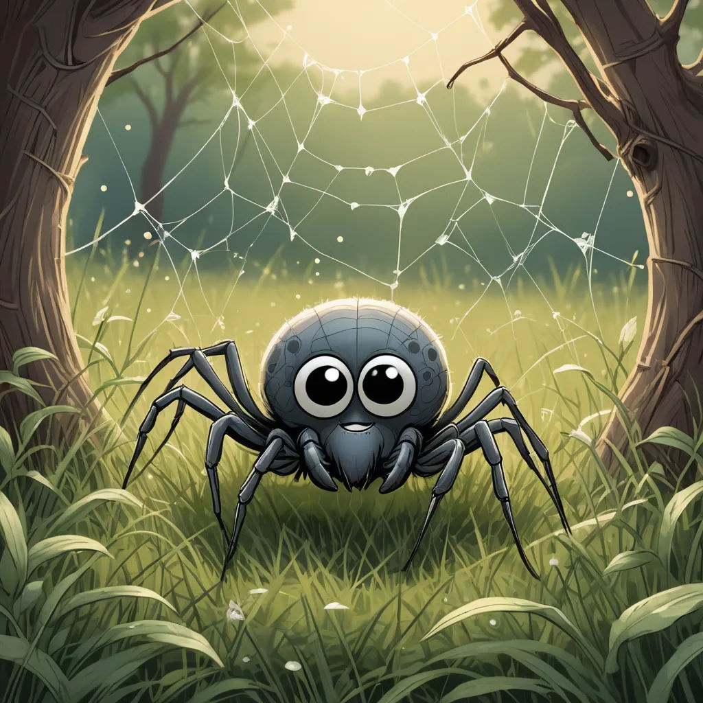a spider in a field with a net in the background and a tree in the foreground with a spider on it, sots art, a storybook illustration, Chris LaBrooy, 2 d game art