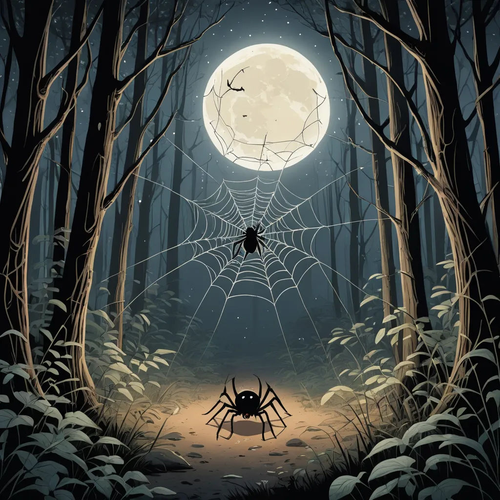 a spider webs across a forest at night with a full moon in the background and a full moon in the sky, fantasy art, a storybook illustration, Dan Mumford, storybook illustration