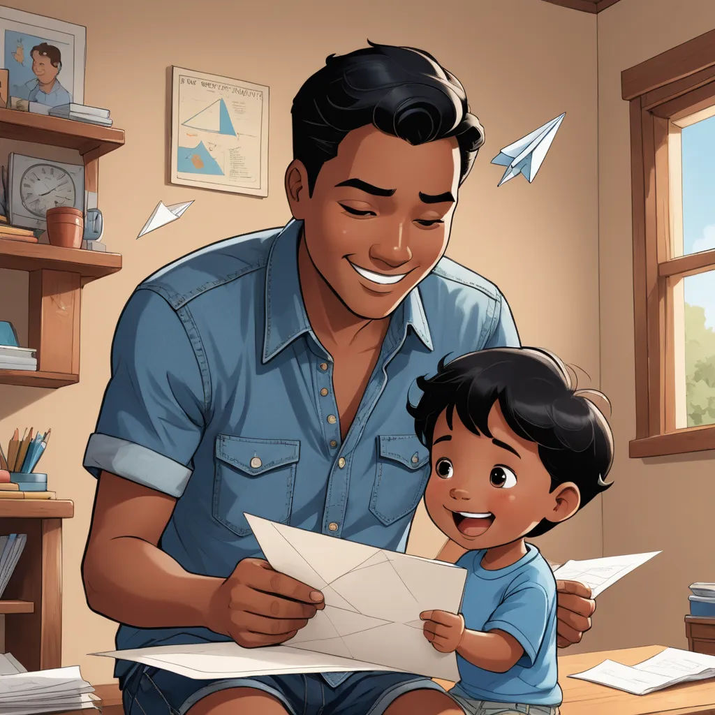 a man and a child are looking at a piece of paper in a room with a window and a shelf, dada, a storybook illustration, Everett Warner, storybook illustration