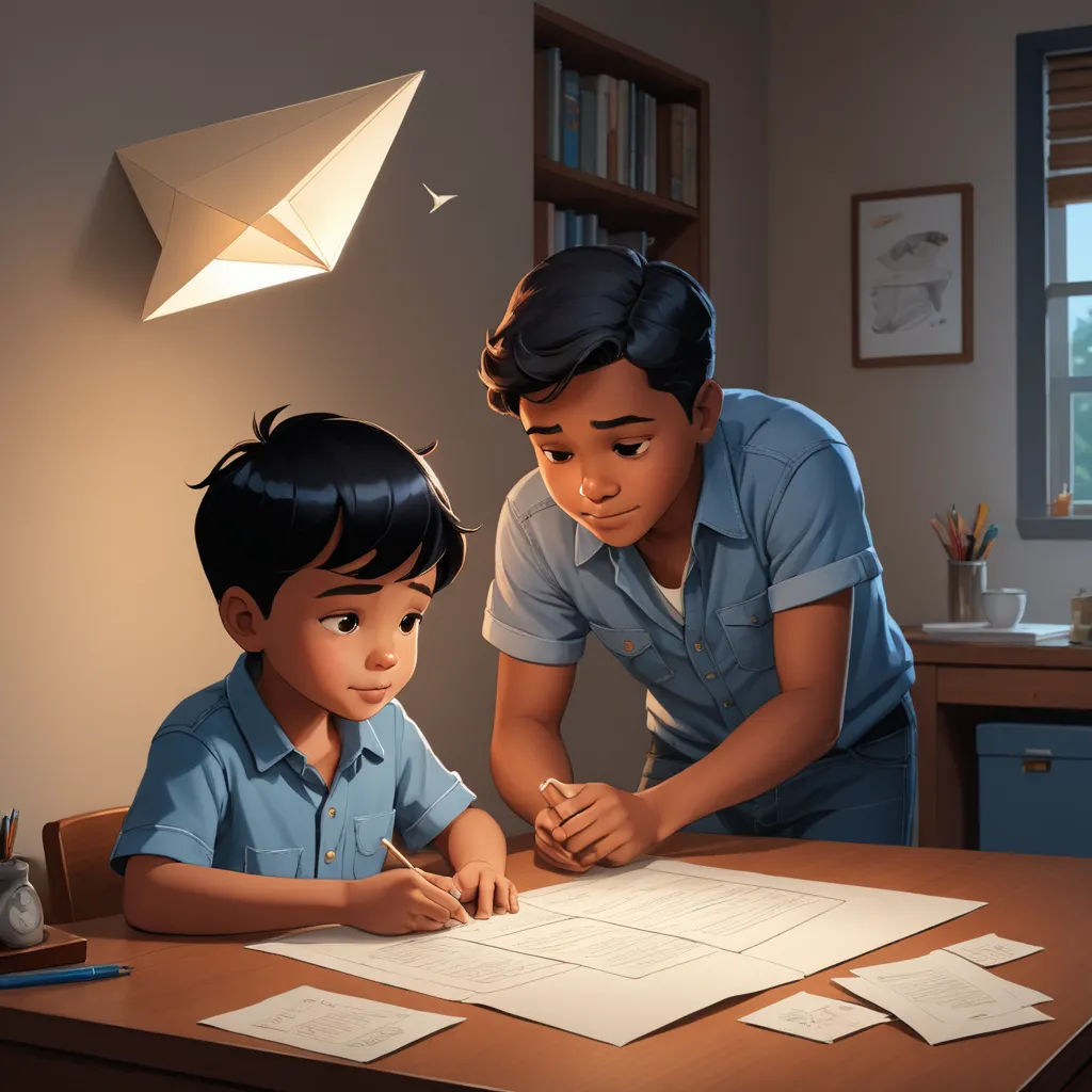 a man and a boy are sitting at a table with papers and pens in front of them, looking at a paper airplane, sots art, a storybook illustration, Alejandro Burdisio, official art
