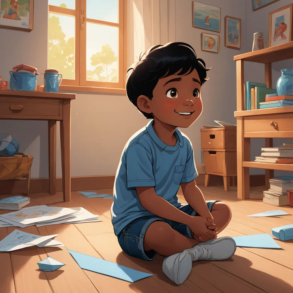 a boy sitting on the floor in a room with papers all over the floor and a table with a book on it, american scene painting, a storybook illustration, Chris LaBrooy, storybook illustration