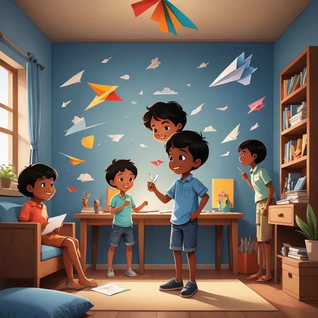 a group of children standing in a room with paper airplanes flying above them and a boy reading a book, temporary art, a storybook illustration, Chris LaBrooy, official art