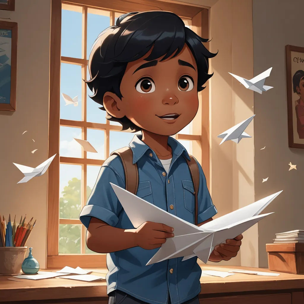 a boy holding a paper airplane in a room with a window and a painting on the wall behind him, american scene painting, a storybook illustration, Aaron Jasinski, official art