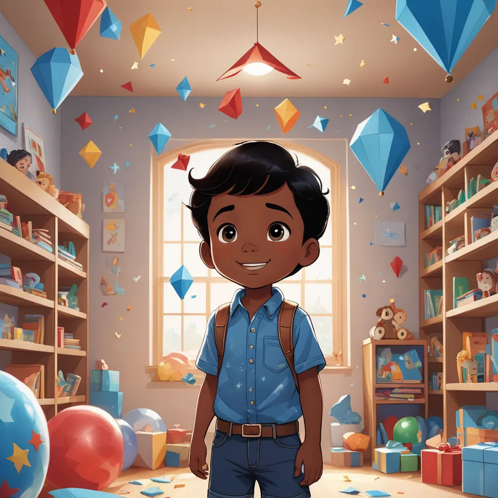 a cartoon boy standing in a room with balloons and toys in the background and a window with a sky of kites, sots art, a storybook illustration, Chris LaBrooy, official art