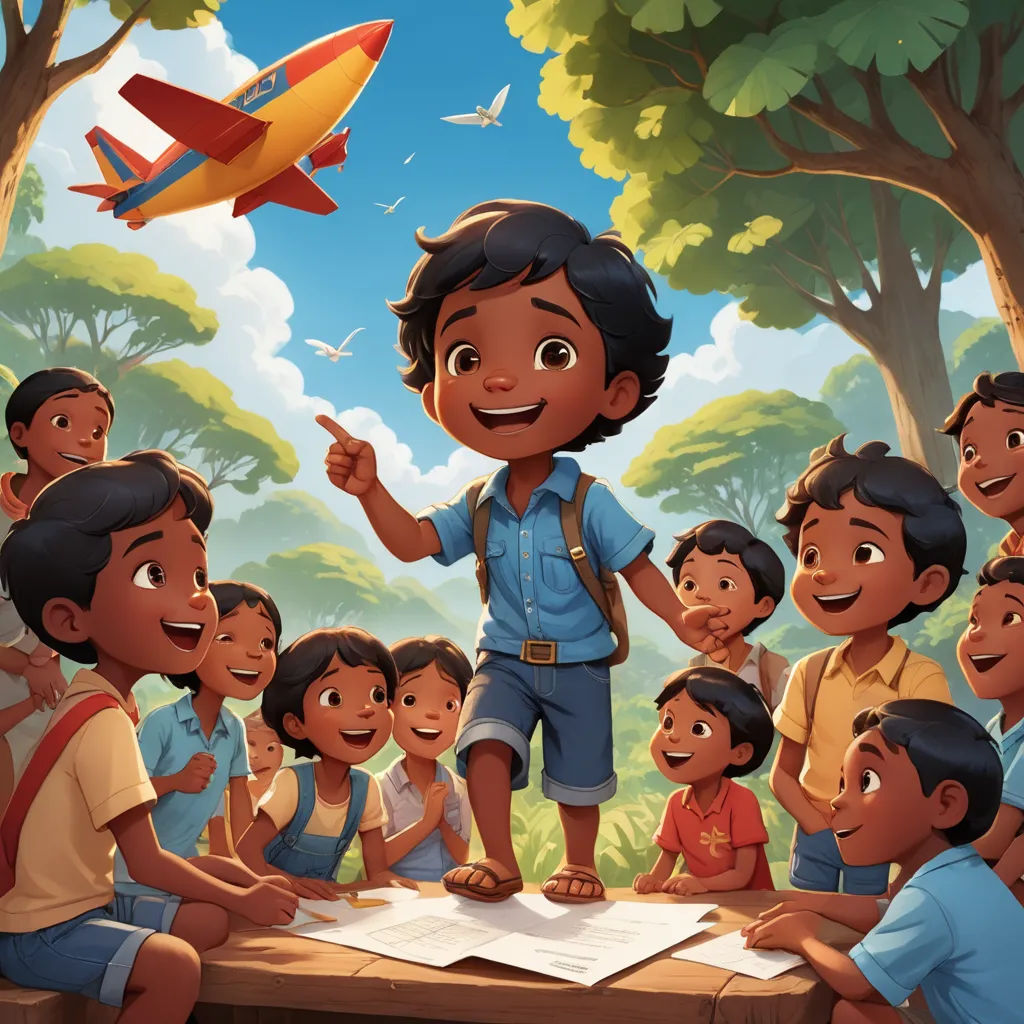 a boy standing in front of a group of children in a forest with a plane flying overhead in the background, samikshavad, a storybook illustration, Aaron Jasinski, official art