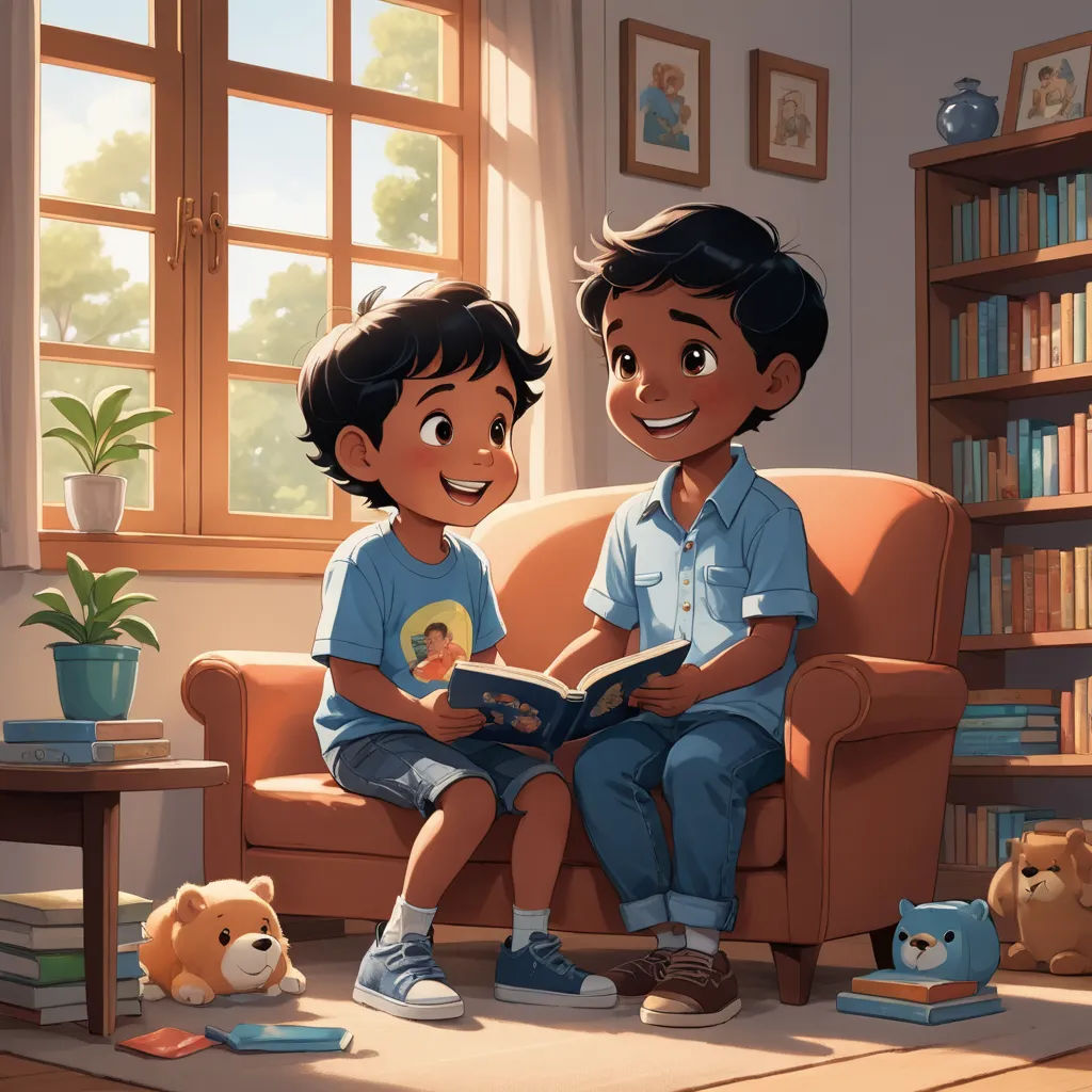 a boy and a girl sitting on a couch reading a book together in a living room with a teddy bear, samikshavad, a storybook illustration, Chris LaBrooy, storybook illustration
