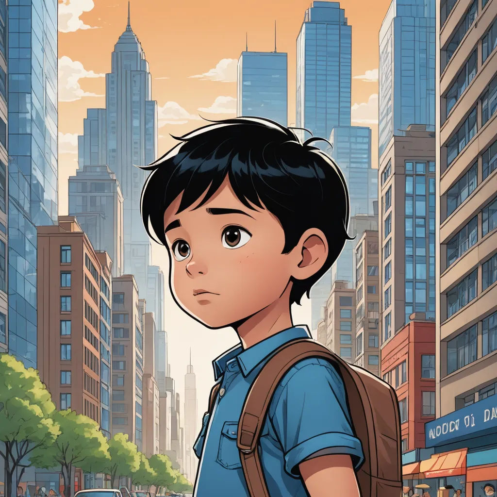 a boy with a backpack standing in front of a cityscape with skyscrapers in the background and a car parked on the street, american scene painting, a comic book panel, Asaf Hanuka, graphic novel