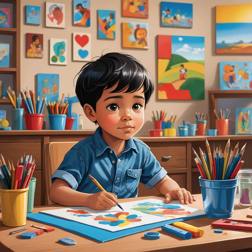 a boy is sitting at a table with a book and pencils in front of him and a cup of paint, photorealism, an ultrafine detailed painting, artist, professional digital painting