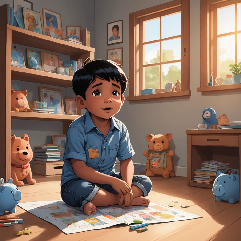 a boy sitting on the floor in a room with toys and books on the floor and a bookcase, sots art, a storybook illustration, Chris LaBrooy, rossdraws global illumination