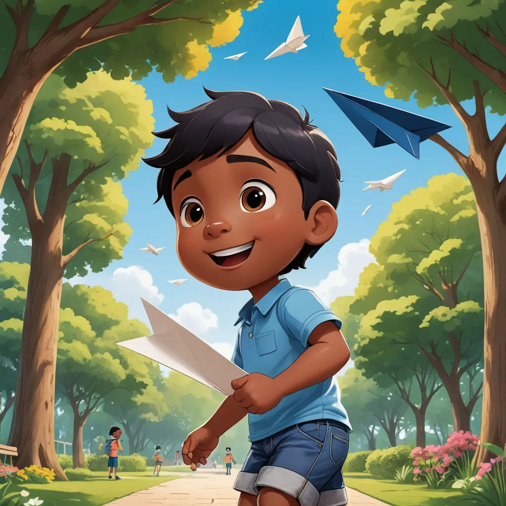 a boy is holding a paper airplane in a park with trees and people in the background, and a blue paper plane is flying overhead, serial art, a storybook illustration, Alejandro Burdisio, comic cover art