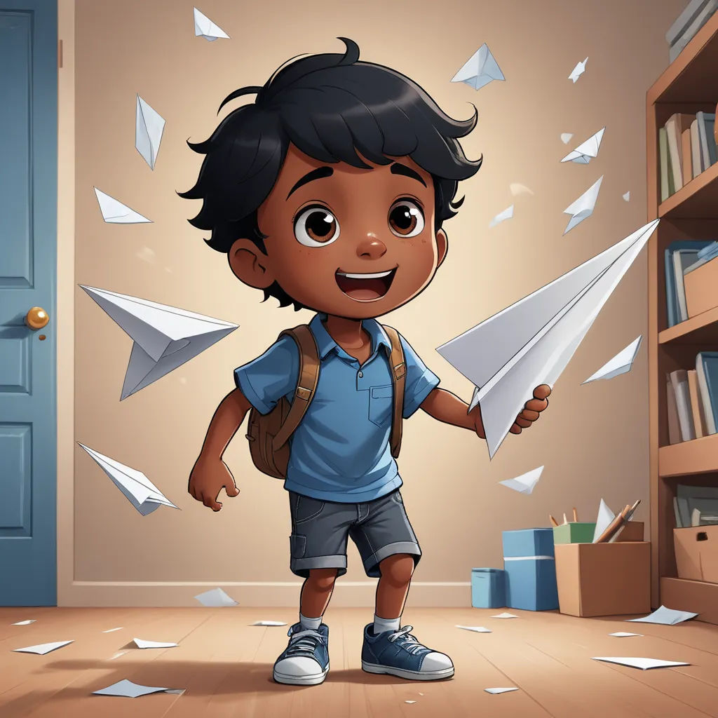 a boy holding a paper airplane in a room with bookshelves and a bookcase full of books, serial art, a storybook illustration, Diego Gisbert Llorens, promotional image