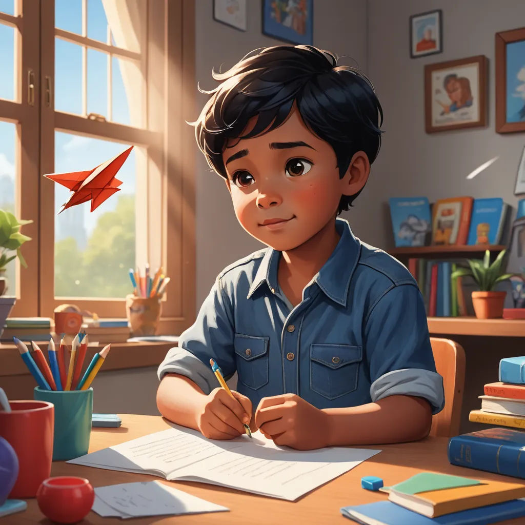 a boy sitting at a desk with a pen and paper in his hand and a bird flying above him, sots art, a storybook illustration, Chris LaBrooy, trending on art station