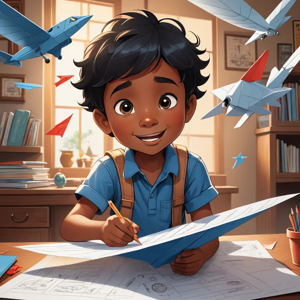 a boy is sitting at a desk with paper airplanes flying above him and a bookcase in the background, process art, a storybook illustration, Chris LaBrooy, comic cover art
