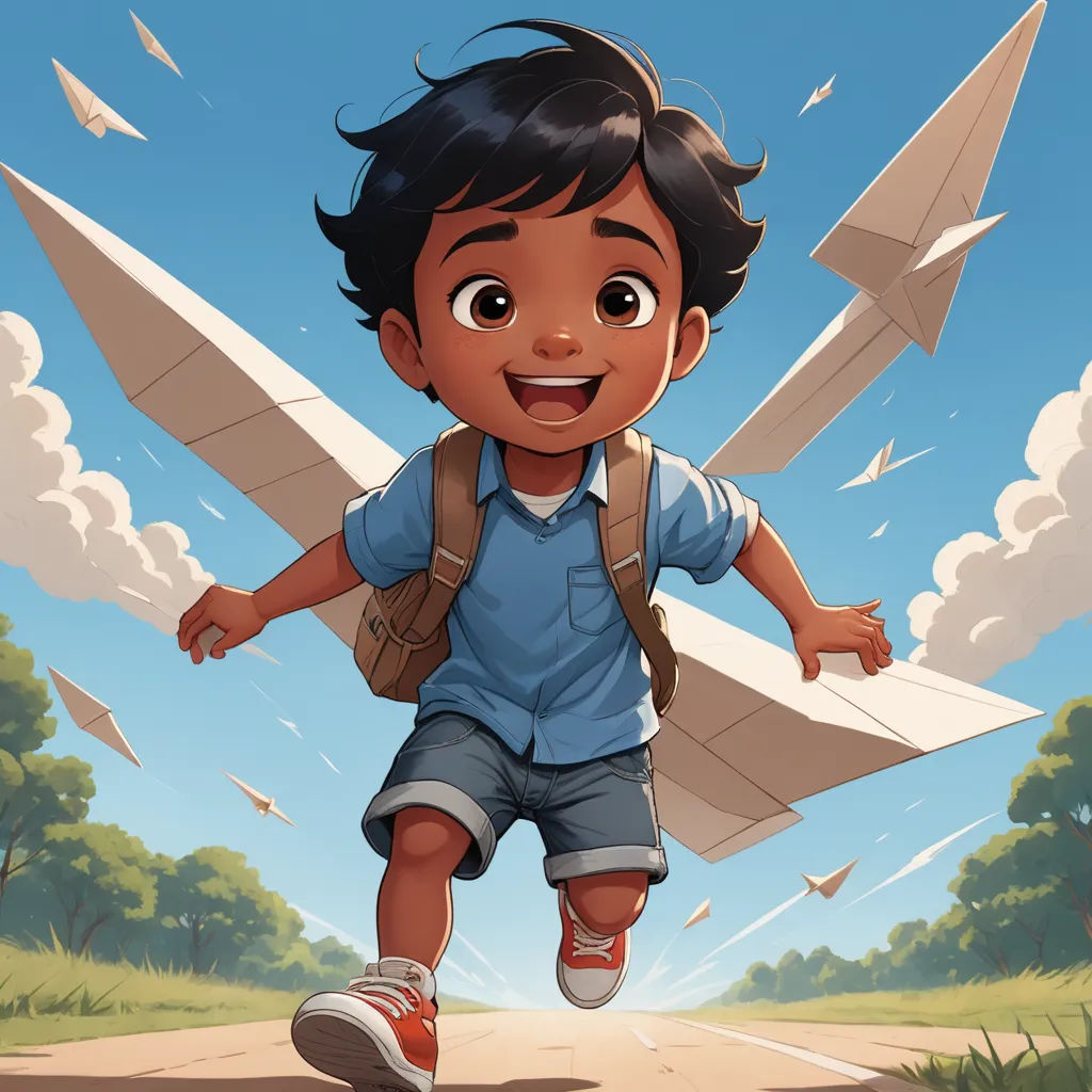 a boy is running with a paper airplane in the air and a field behind him is a field with trees and a blue sky, sots art, a storybook illustration, Alejandro Burdisio, comic cover art