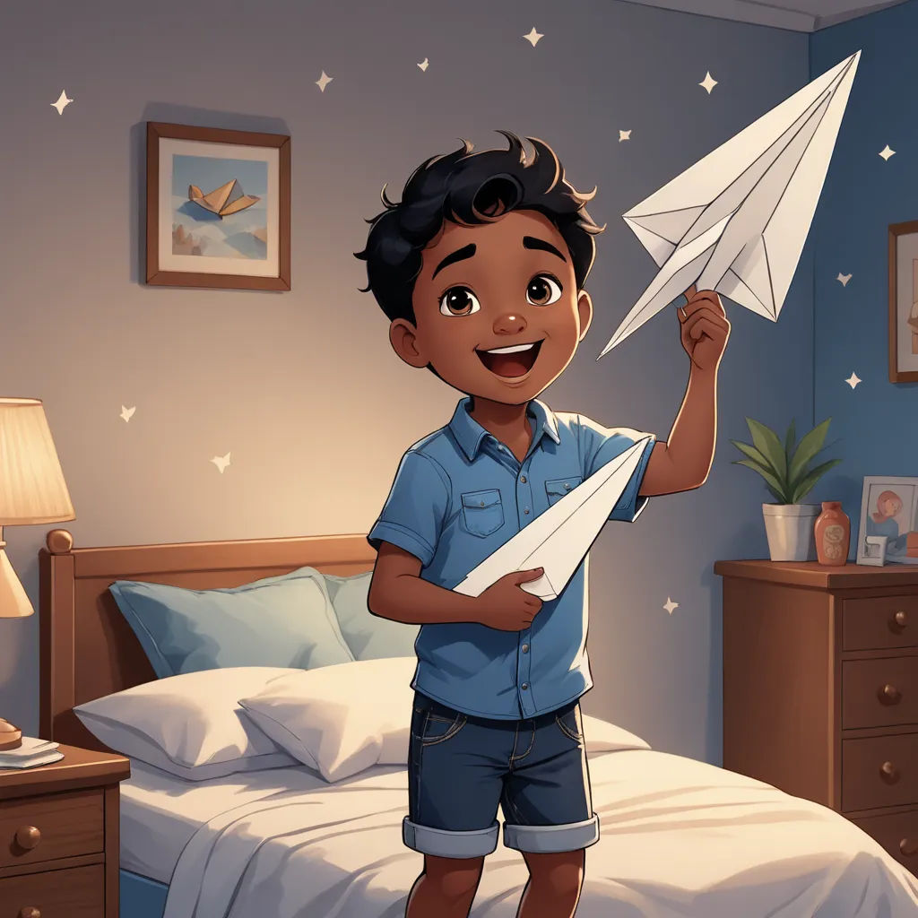 a boy holding a paper airplane in his hand in a bedroom with a bed and nightstands in the background, sots art, a storybook illustration, Cliff Childs, storybook illustration