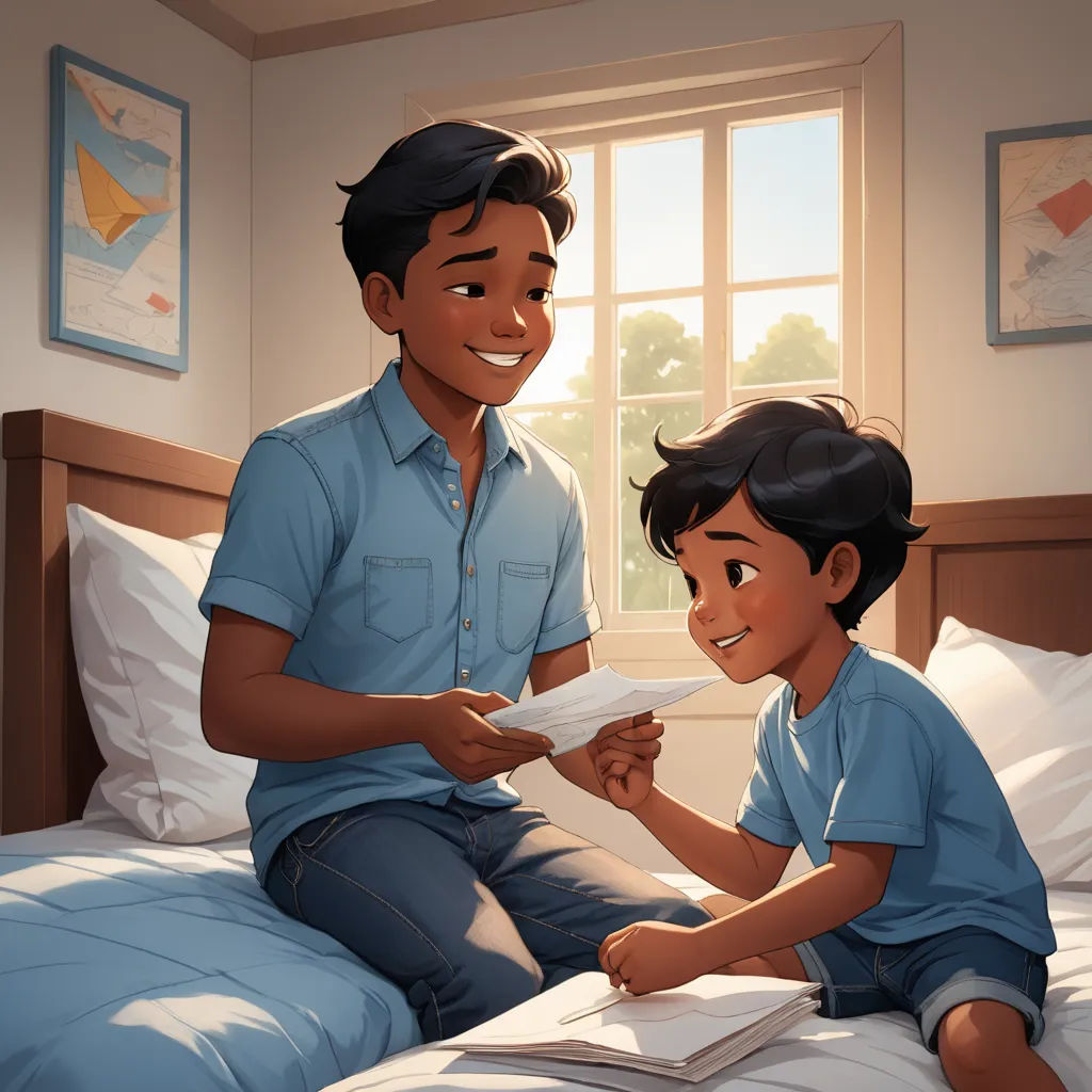 a man reading a book to a boy on a bed in a bedroom with a window and a map, sots art, a storybook illustration, Fernando Amorsolo, rossdraws global illumination