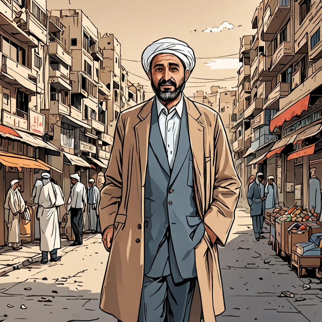 a man in a turban is walking down the street in a city with people walking around him, unilalianism, a character portrait, Ahmed Karahisari, graphic novel