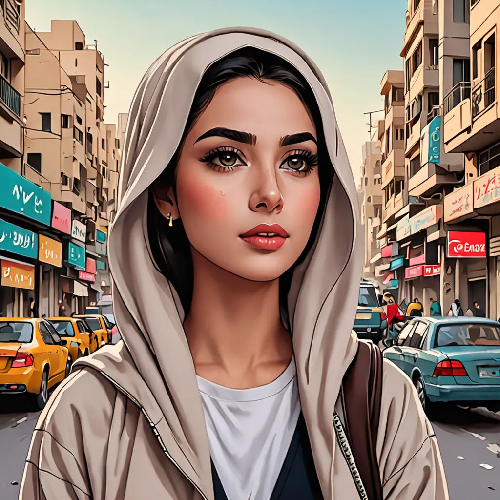 a woman in a hooded jacket is standing in the street with a city in the background and a taxi cab behind her, digital art, a digital painting, Alena Aenami, highly detailed digital painting