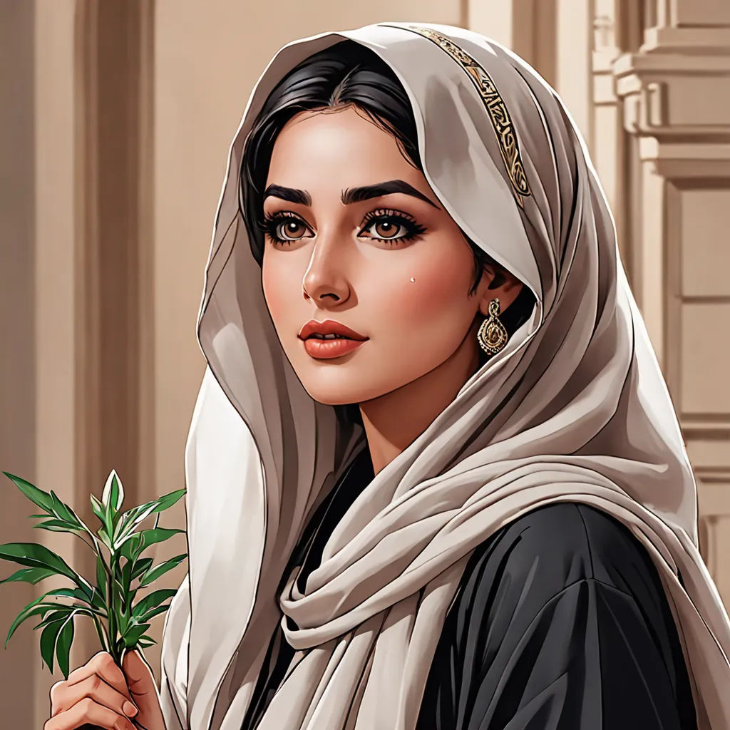 a woman in a white head scarf holding a plant in her hand and a potted plant in her other hand, qajar art, egyptian art, Edwin Georgi, detailed painting