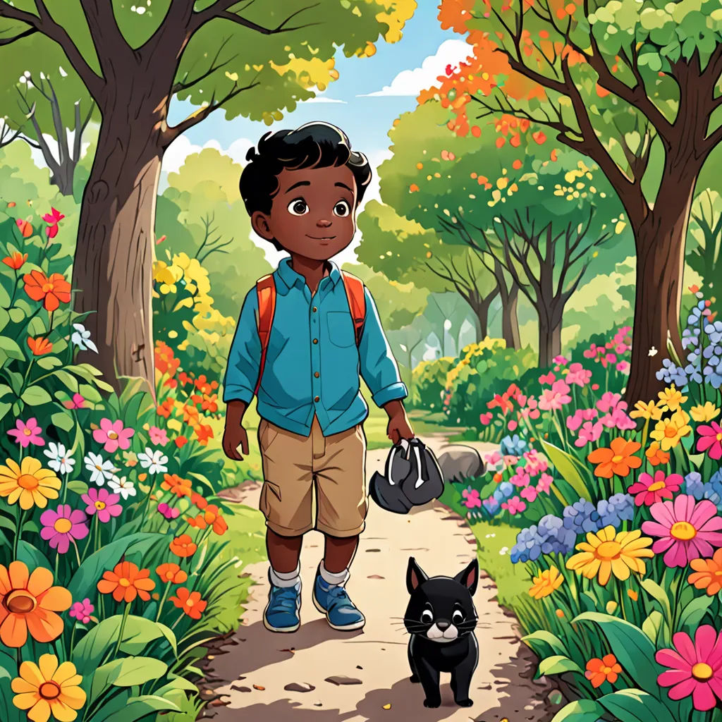 a boy walking down a path with a dog in the park behind him and a black dog in the foreground, process art, a storybook illustration, Everett Warner, comic cover art