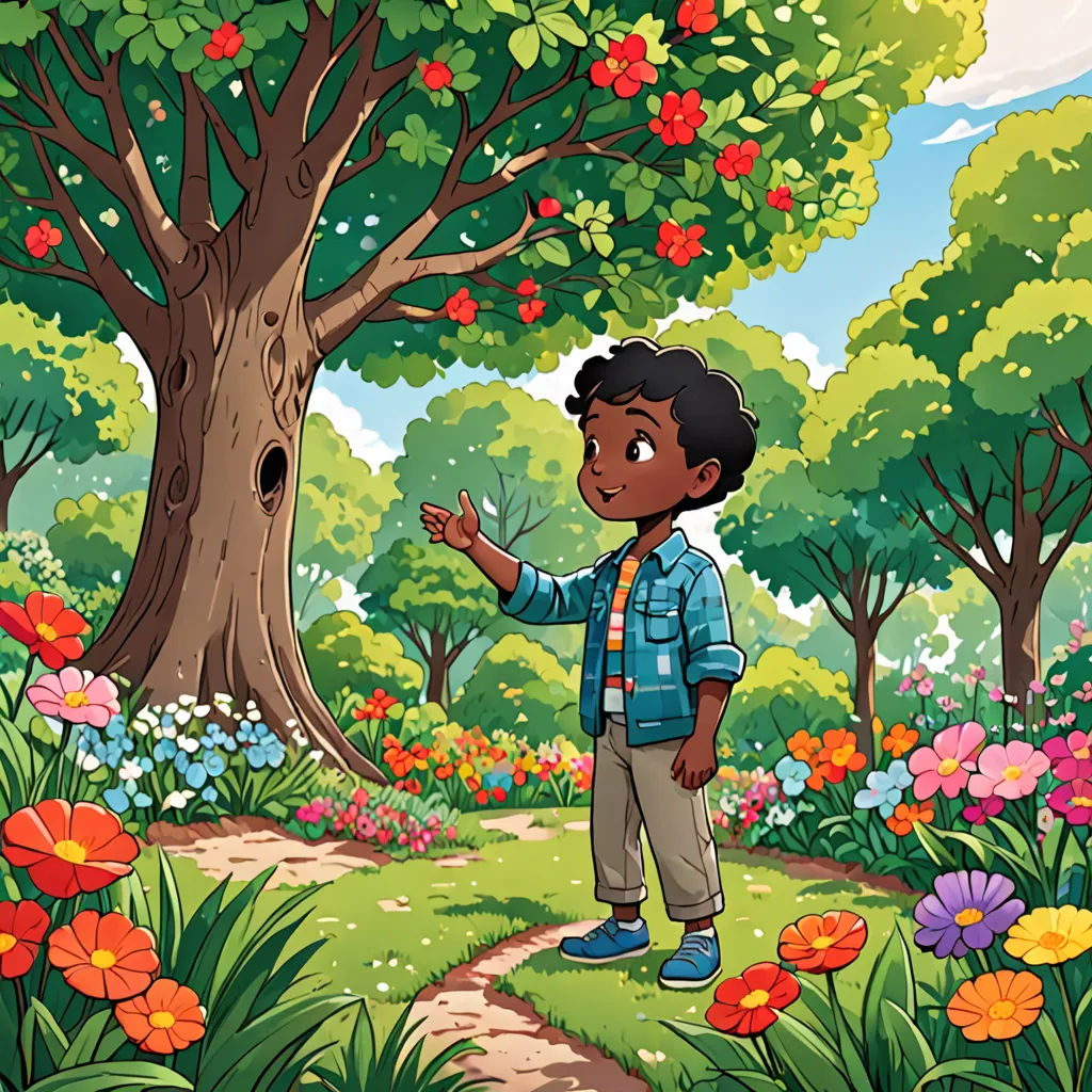 a boy standing in a field of flowers next to a tree and a path to a birdhouse with a bird, environmental art, a storybook illustration, Chris LaBrooy, book cover
