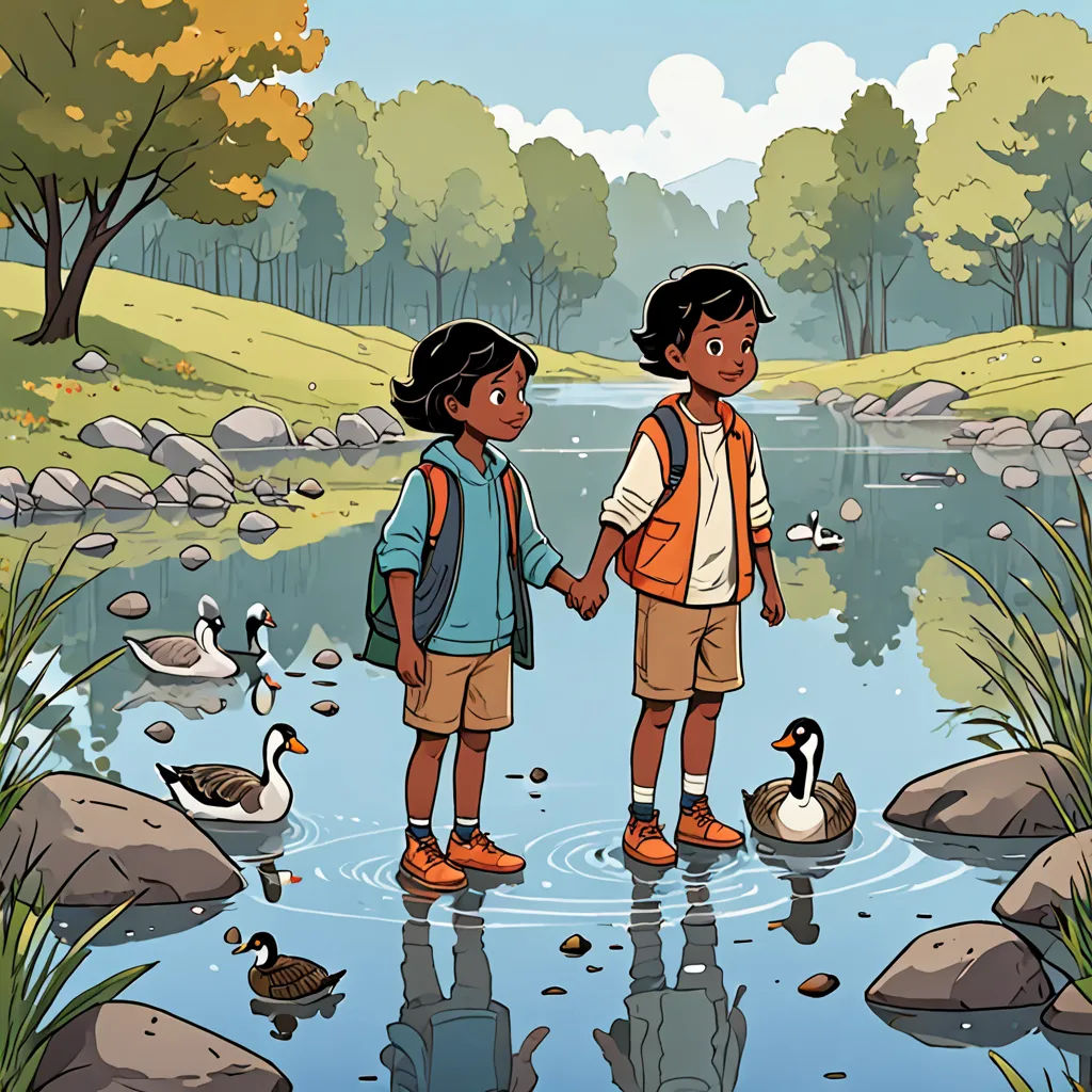 two children standing in a pond holding hands and ducks nearby, with a pond of water and trees in the background, environmental art, a storybook illustration, Diego Gisbert Llorens, promotional image