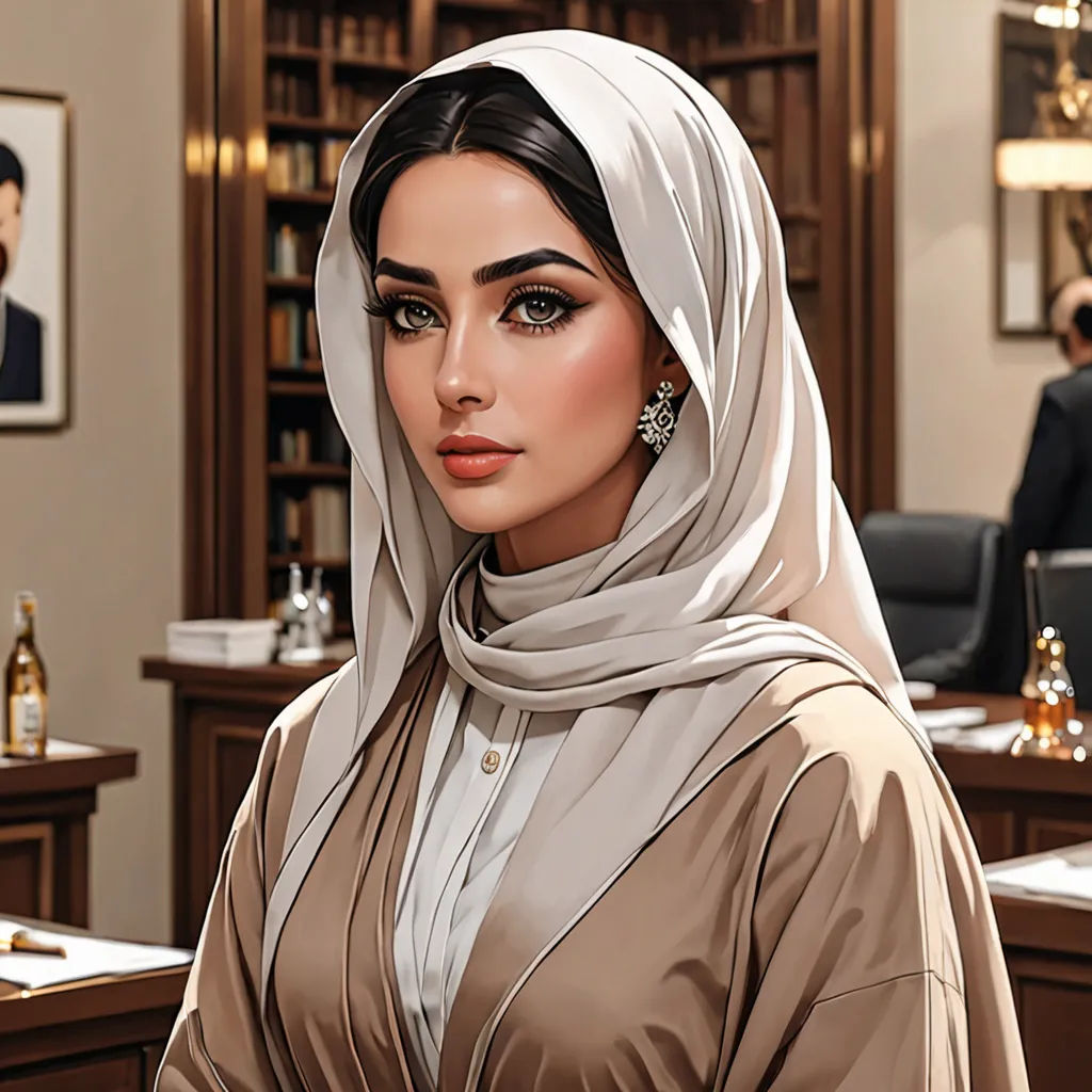 a woman in a hijab is standing in a room with a desk and a man in a suit, computer art, a digital painting, Elina Karimova, highly detailed digital painting