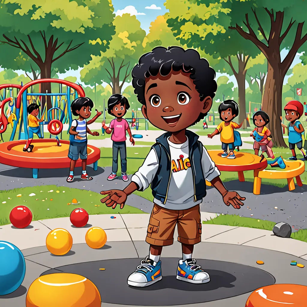 a cartoon of a boy playing in a park with other children around him and a playground with balls and a play ground, lyco art, a storybook illustration, Chris LaBrooy, promotional image