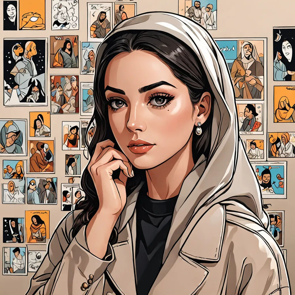a woman in a trench coat is standing in front of a wall of pictures and photos of people with headscarves, serial art, a comic book panel, Artgerm, comic book