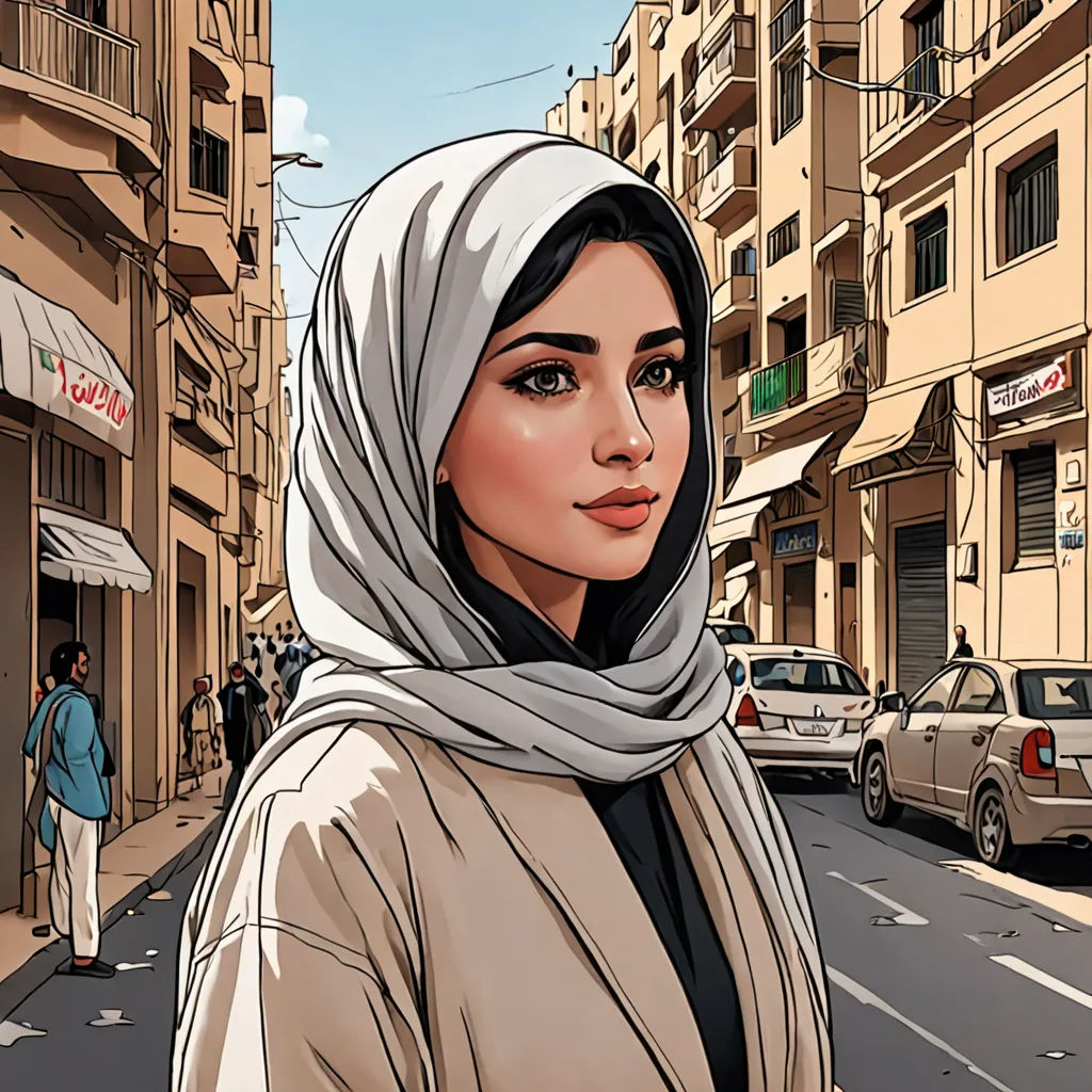 a woman in a headscarf is standing on the street in front of a building and a car, digital art, a comic book panel, Alena Aenami, city background
