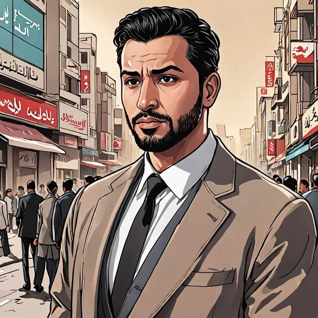 a man in a suit and tie standing in front of a crowd of people on a city street with buildings, serial art, a character portrait, Amir Zand, character portrait