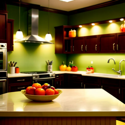 a bowl of fruit on a kitchen counter top in a kitchen with green walls and cabinets and a stove