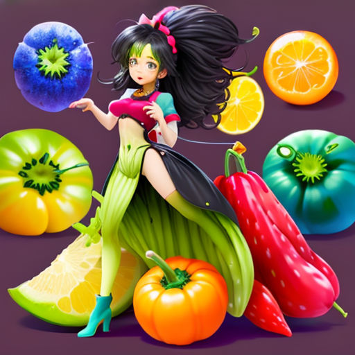 a girl is holding a bunch of fruit and vegetables in her hand and a bunch of oranges and peppers