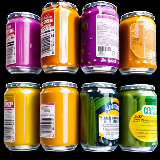 a group of cans of sodas with labels on them and a black background with a yellow circle around the cans