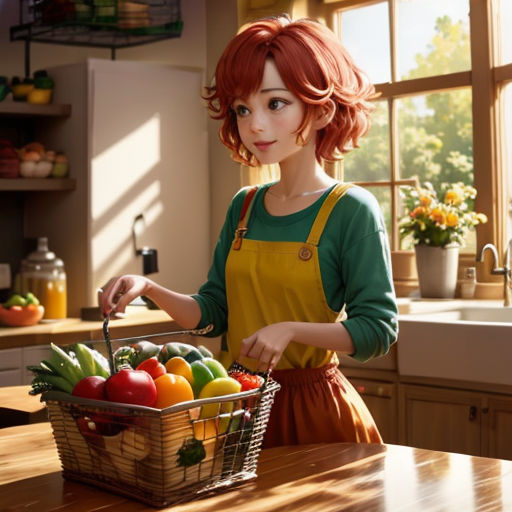 a woman in a kitchen holding a basket of fruit and vegetables in front of a sink and window with sunlight coming through the window