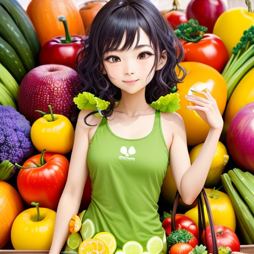 a woman holding a bag of fruit and vegetables in front of a pile of vegetables and fruits and vegetables