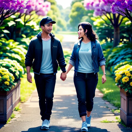 a man and woman walking down a path holding hands and smiling at each other with purple flowers in the background