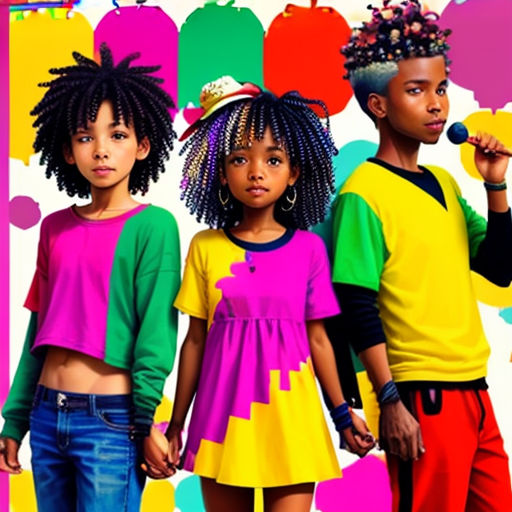 a group of children standing next to each other in front of a colorful background with an apple on top