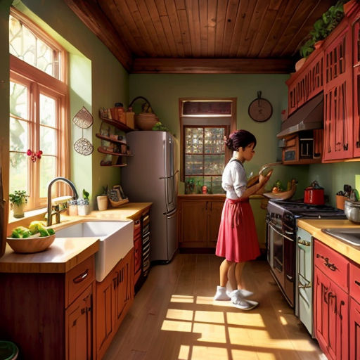 a woman in a kitchen looking at a cell phone in the sunlight, with a window in the background